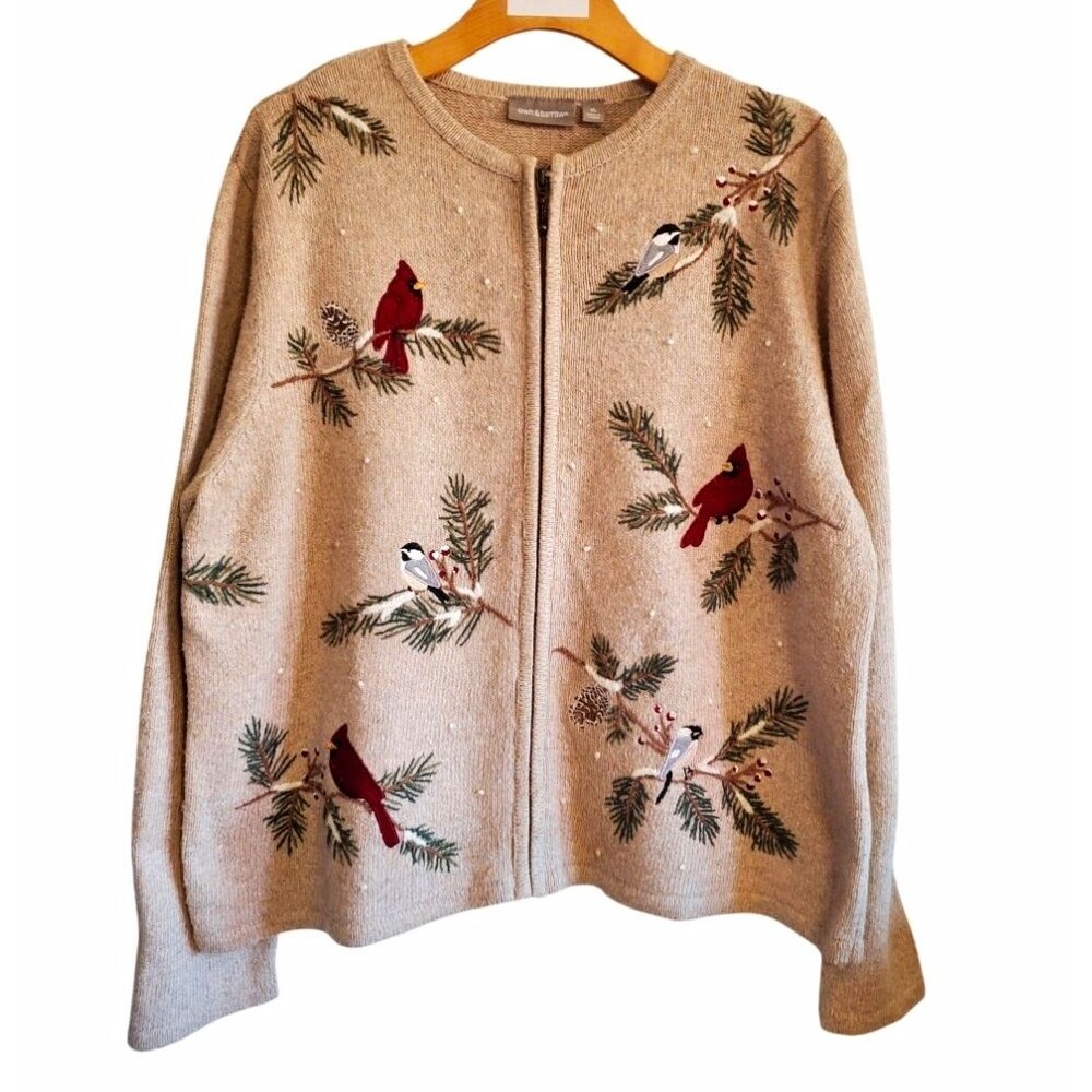 Croft & Barrow Embroidered Cardinal bird Zip Cardigan Christmas Holiday Size  XL
